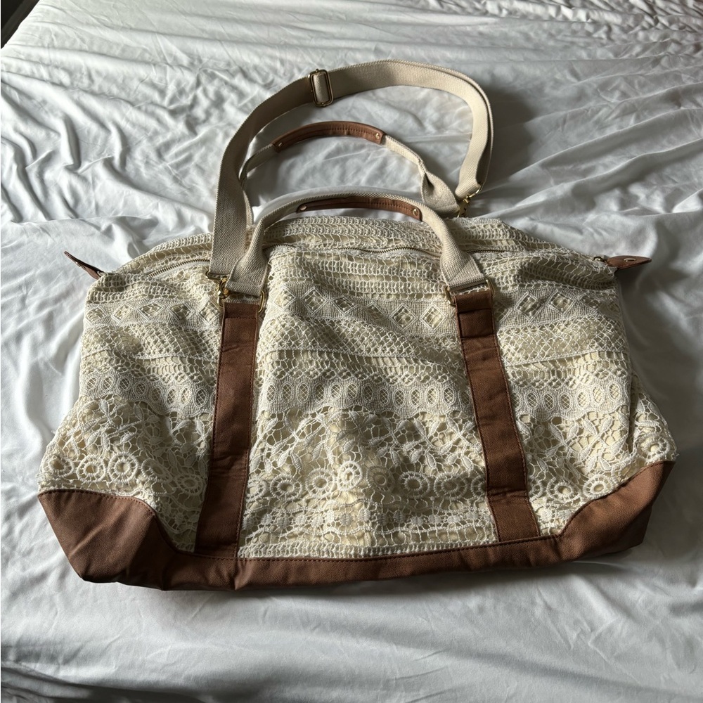 Cream and Brown Travel Duffel Bag with Leather Accents